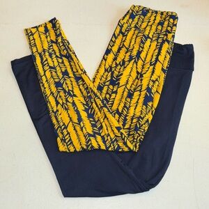 Michigan LulaRoe OS leggings solid blue and pattern yellow blue